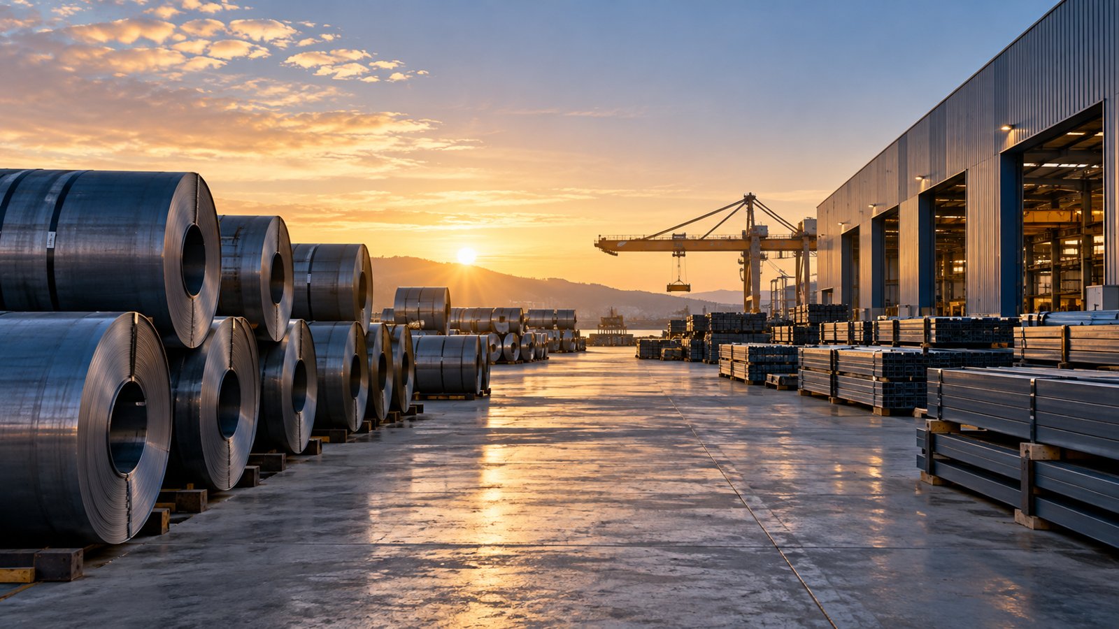 Steel inventory yard beside a warehouse