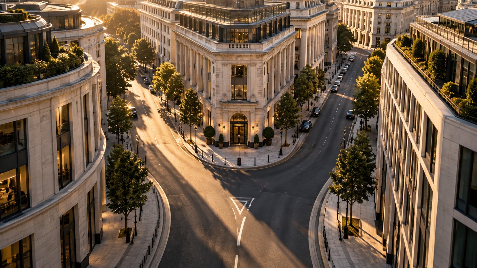 Road junction between commercial city blocks