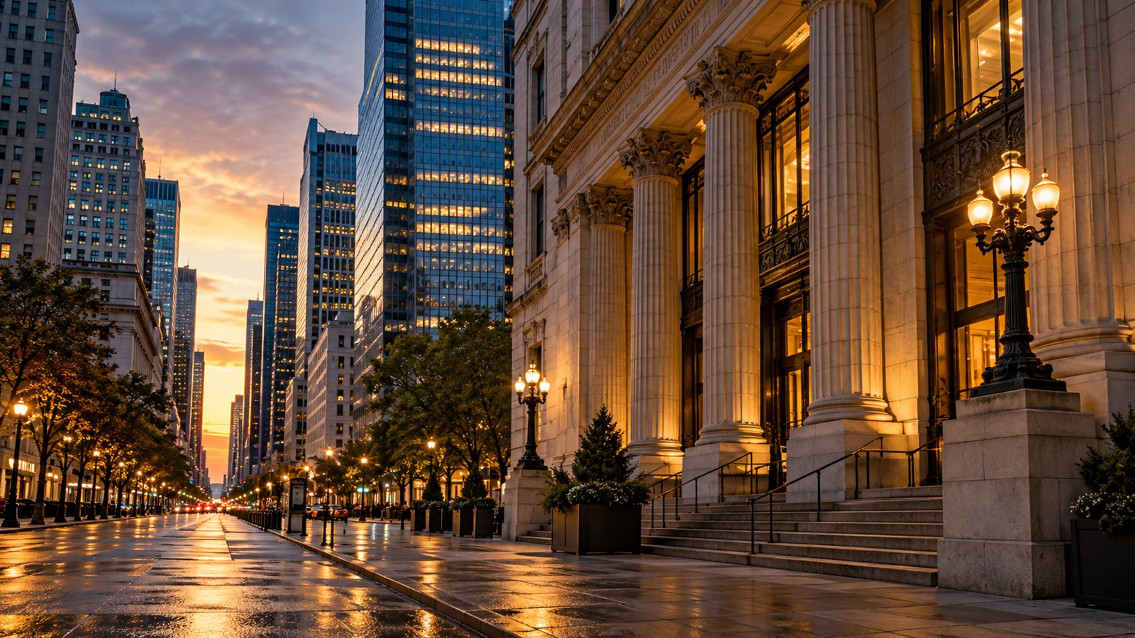 Downtown financial district at dusk