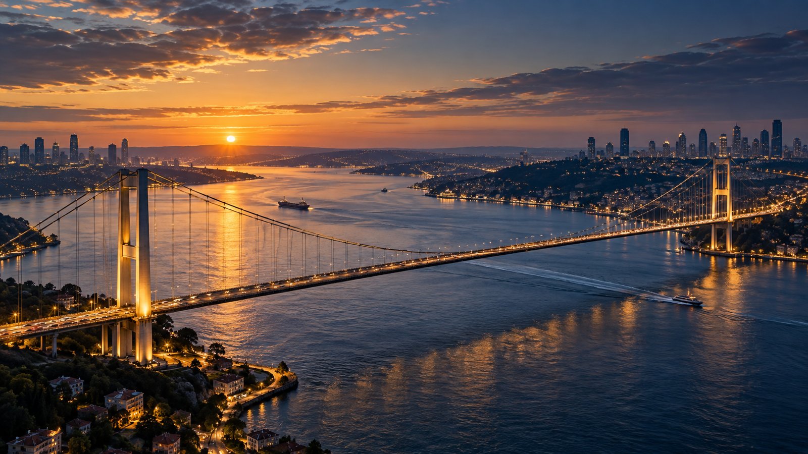 International suspension bridge connecting developed shores