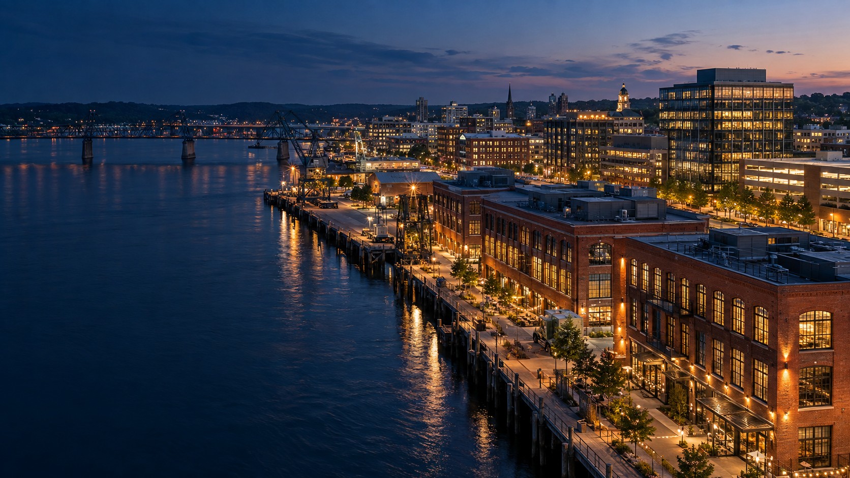 Riverfront commercial district at blue hour