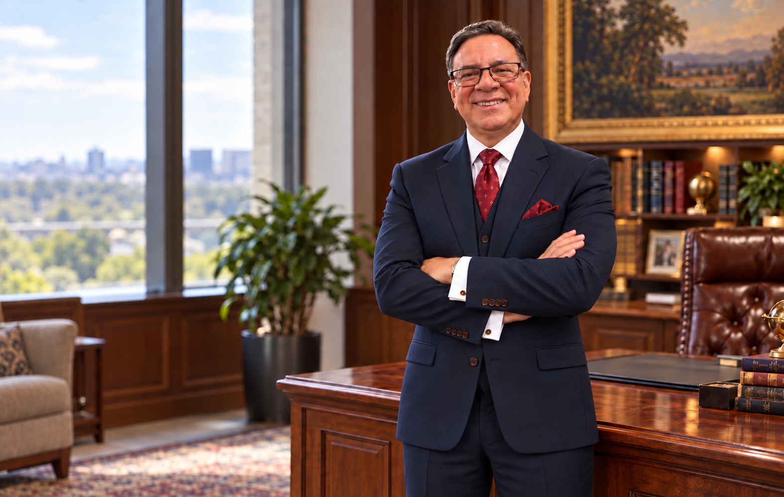 Bernard M. Alessan leaning against an executive desk with folded arms