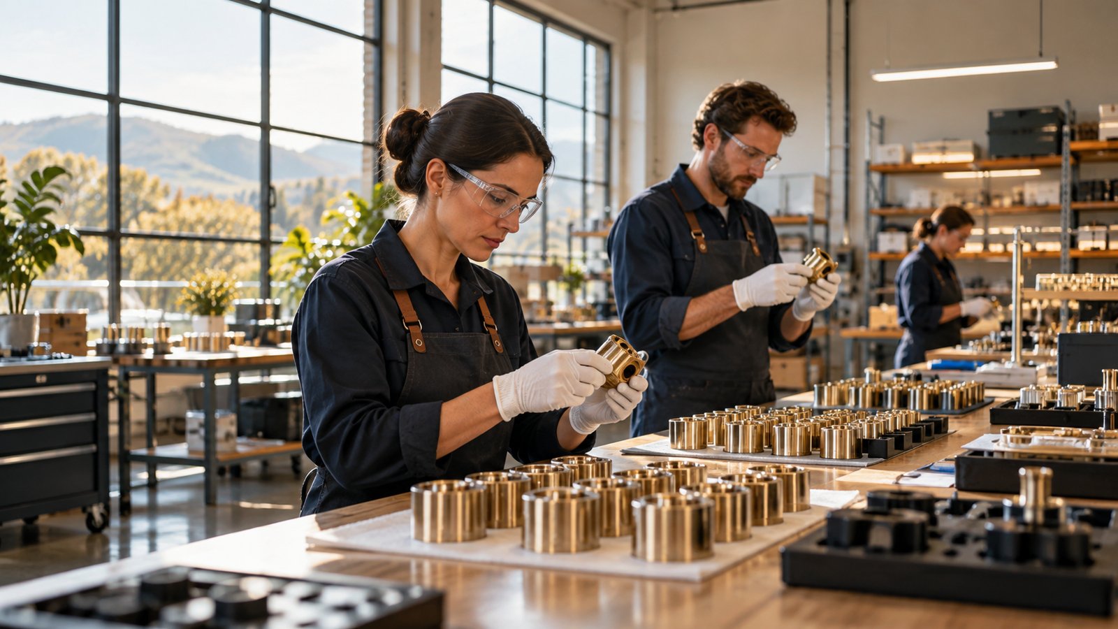 Employees inspecting products in a renewed manufacturing business