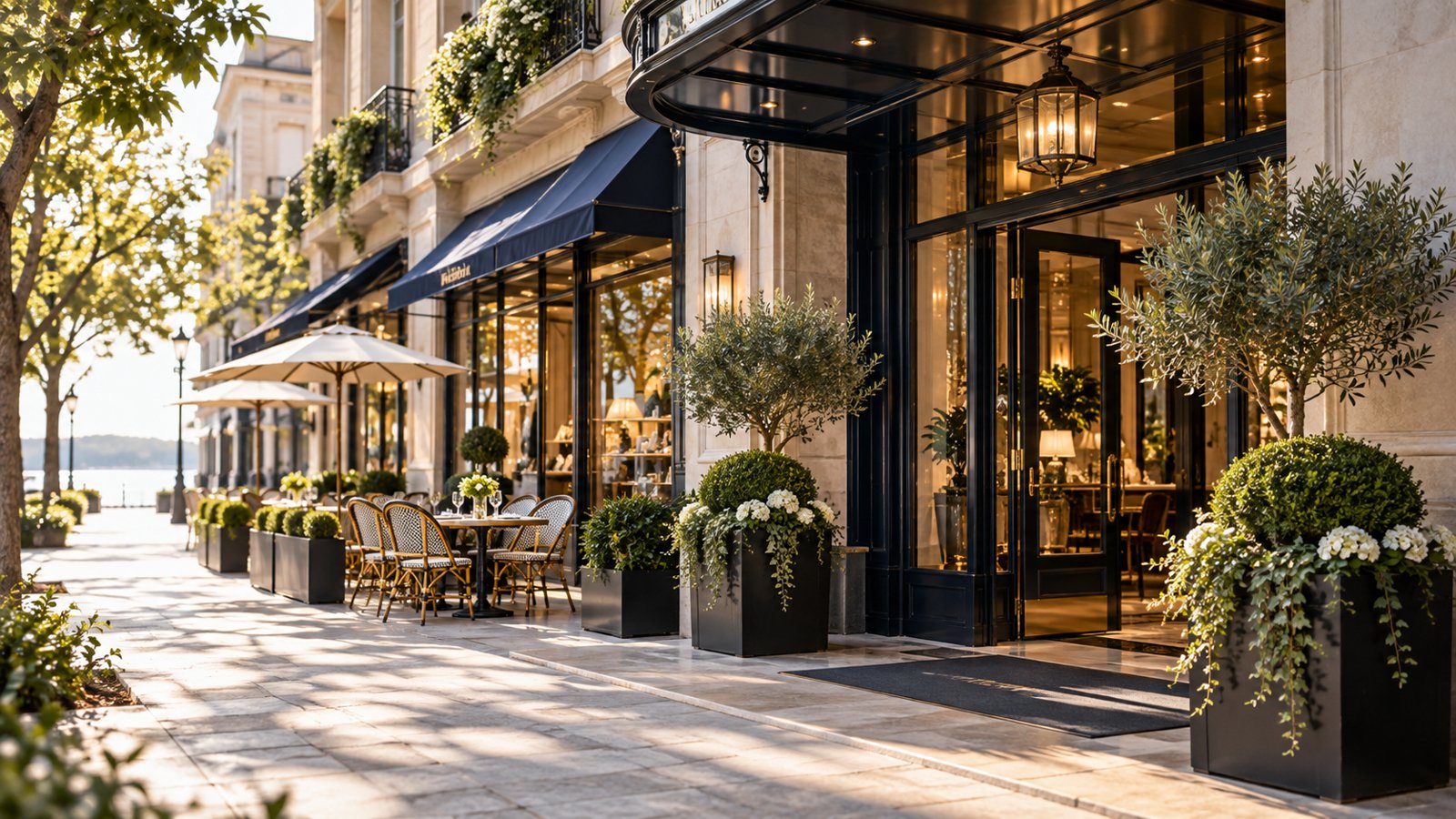Boutique hotel, cafe and retail storefronts