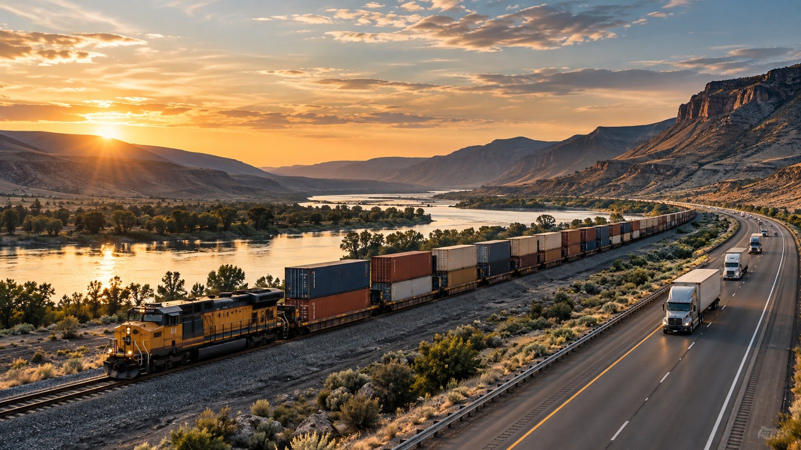 Freight train and trucks in a logistics corridor
